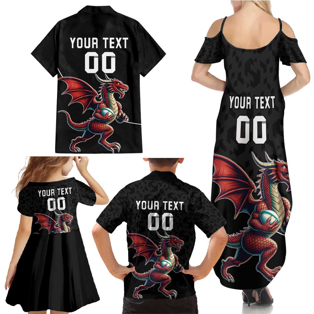 Custom Wales Rugby Family Matching Summer Maxi Dress and Hawaiian Shirt Welsh Dragon Mascot Black Version - Wonder Print Shop