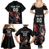 Custom Wales Rugby Family Matching Summer Maxi Dress and Hawaiian Shirt Welsh Dragon Mascot Black Version - Wonder Print Shop