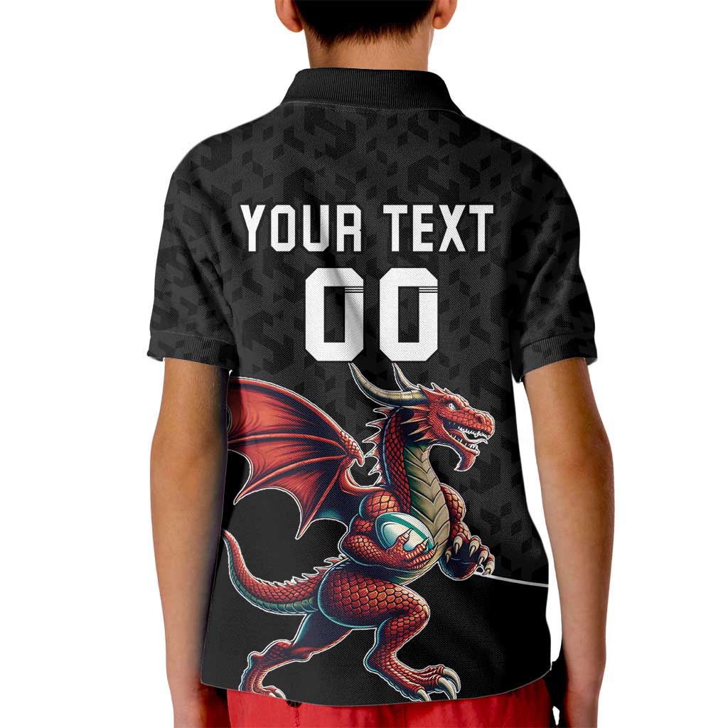 Custom Wales Rugby Kid Polo Shirt Welsh Dragon Mascot Black Version - Wonder Print Shop