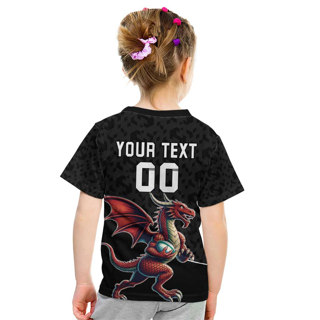 Custom Wales Rugby Kid T Shirt Welsh Dragon Mascot Black Version - Wonder Print Shop