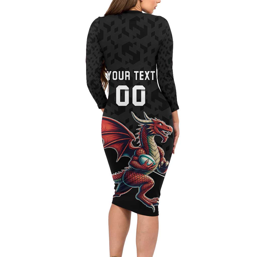 Custom Wales Rugby Long Sleeve Bodycon Dress Welsh Dragon Mascot Black Version - Wonder Print Shop