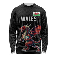 Custom Wales Rugby Long Sleeve Shirt Welsh Dragon Mascot Black Version - Wonder Print Shop