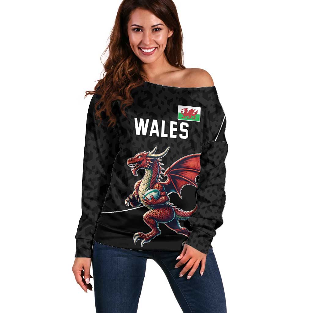 Custom Wales Rugby Off Shoulder Sweater Welsh Dragon Mascot Black Version - Wonder Print Shop