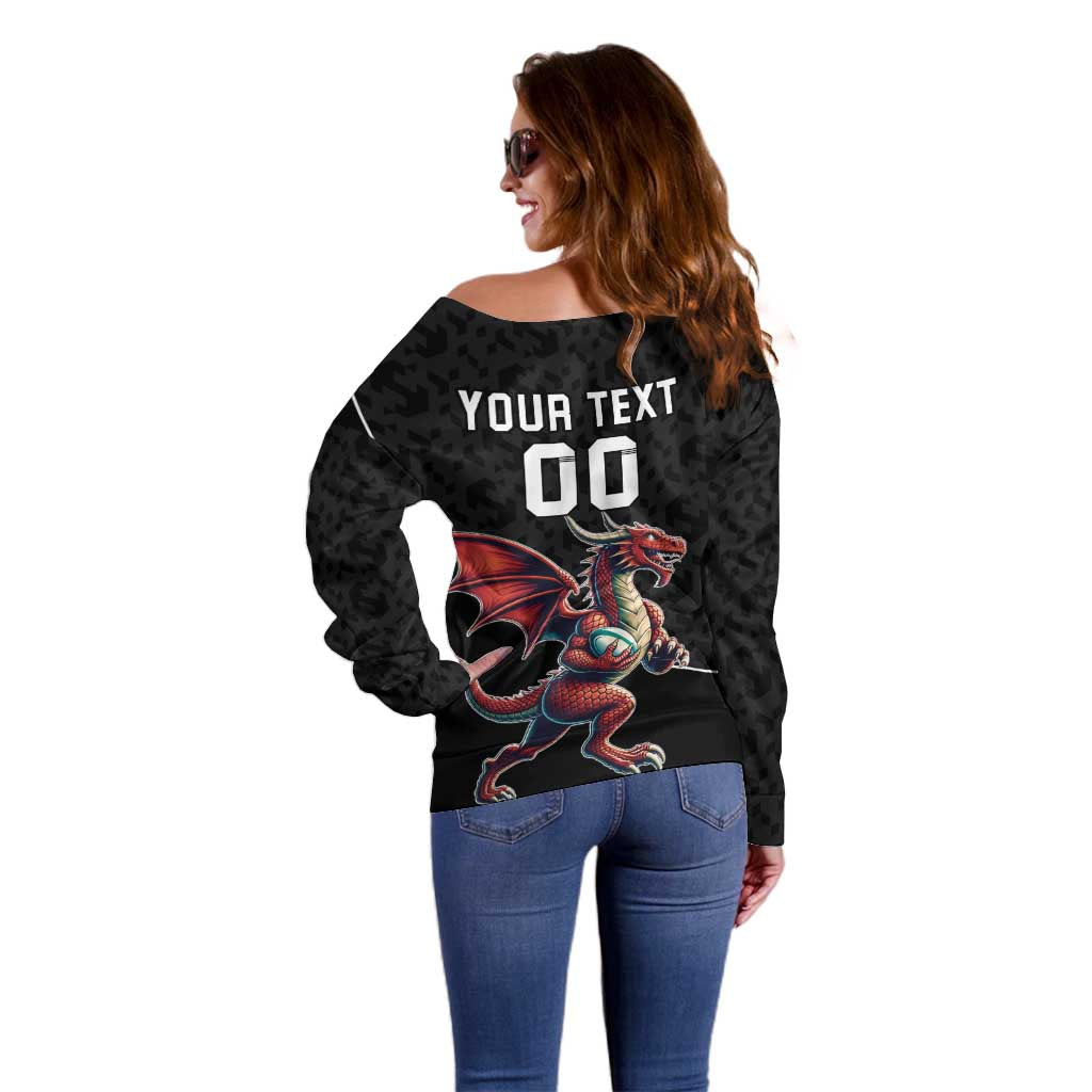Custom Wales Rugby Off Shoulder Sweater Welsh Dragon Mascot Black Version - Wonder Print Shop