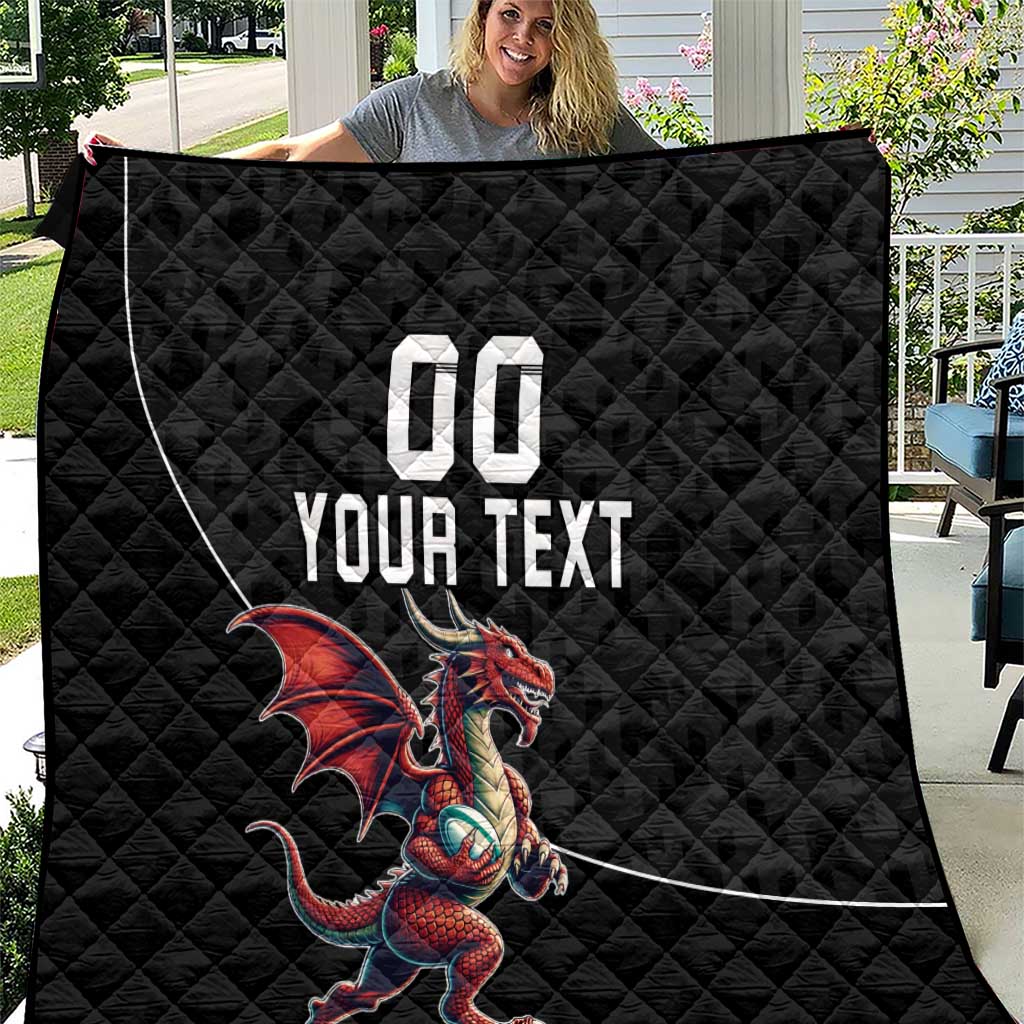 Custom Wales Rugby Quilt Welsh Dragon Mascot Black Version - Wonder Print Shop