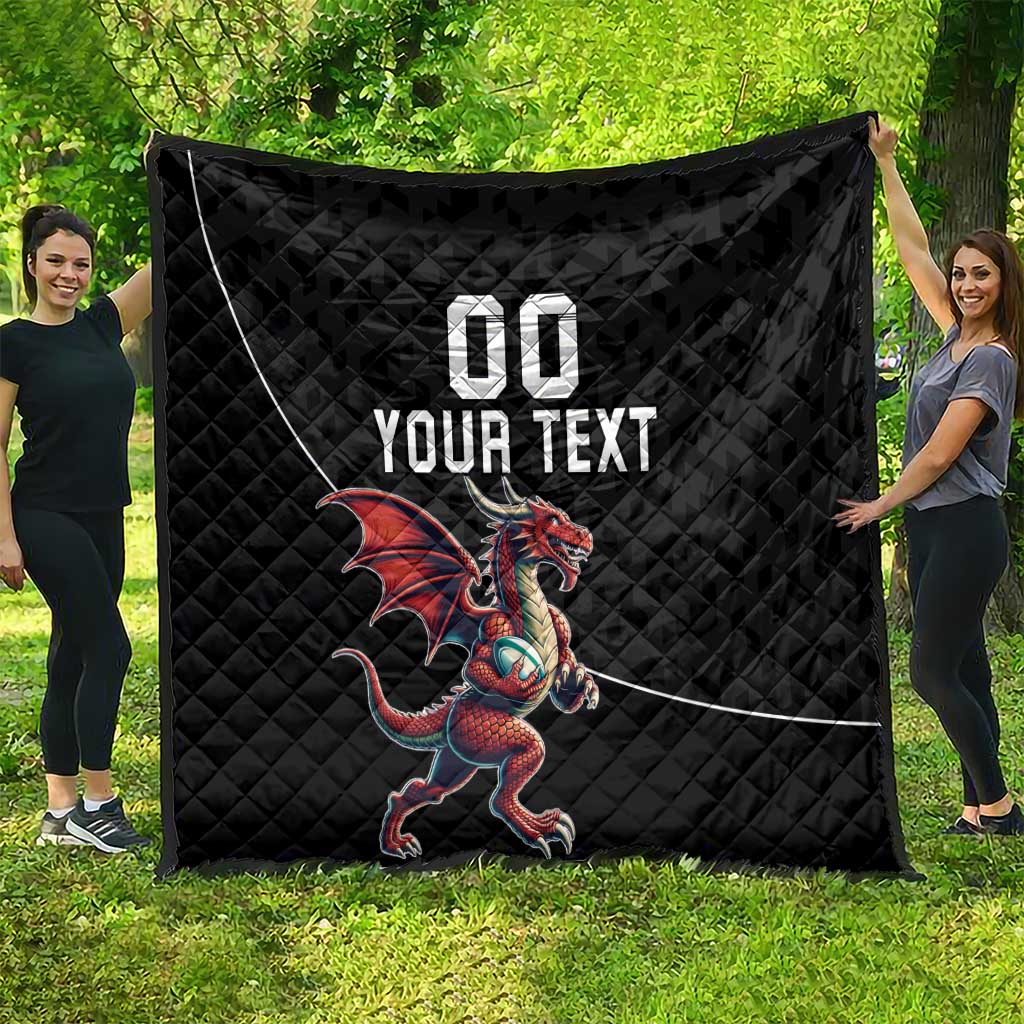 Custom Wales Rugby Quilt Welsh Dragon Mascot Black Version - Wonder Print Shop