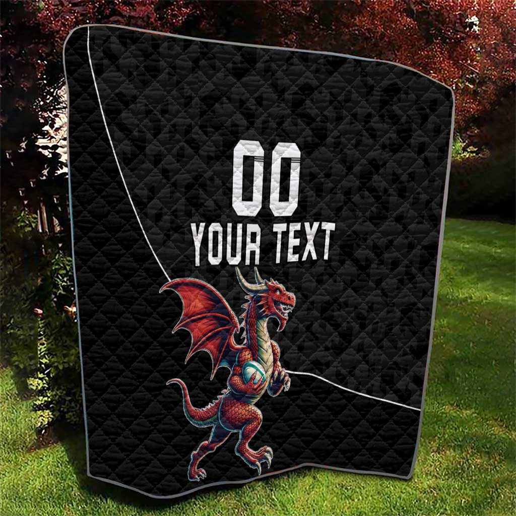 Custom Wales Rugby Quilt Welsh Dragon Mascot Black Version - Wonder Print Shop