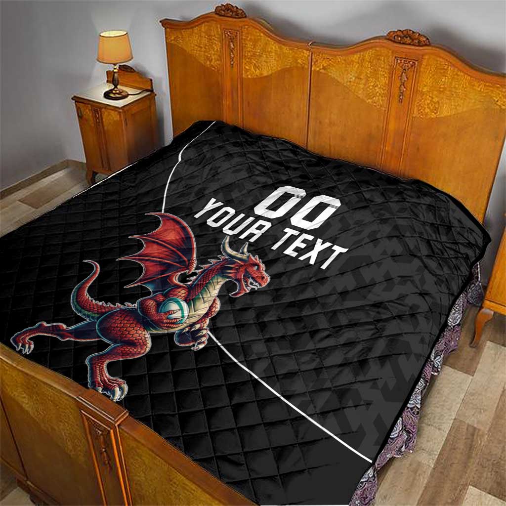Custom Wales Rugby Quilt Welsh Dragon Mascot Black Version - Wonder Print Shop