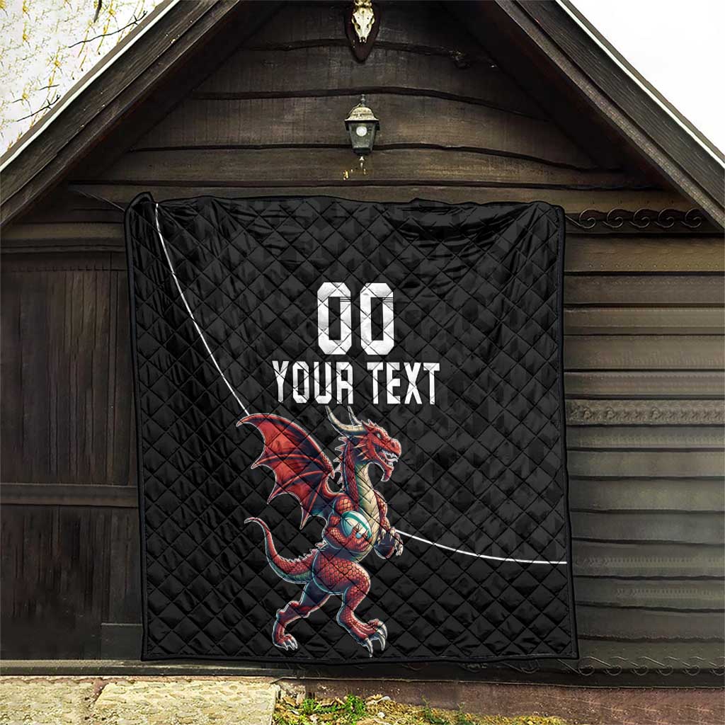Custom Wales Rugby Quilt Welsh Dragon Mascot Black Version - Wonder Print Shop