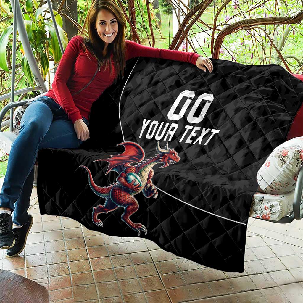 Custom Wales Rugby Quilt Welsh Dragon Mascot Black Version - Wonder Print Shop