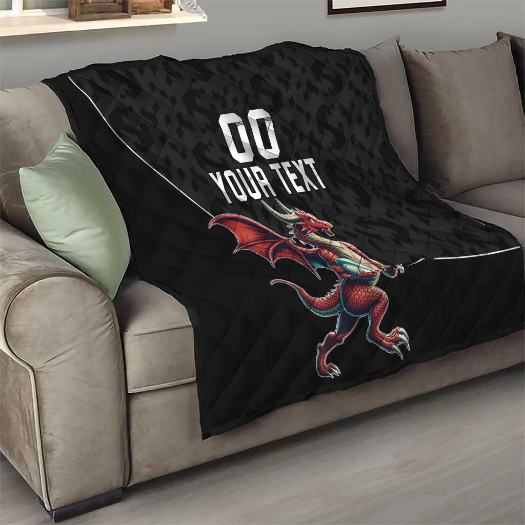 Custom Wales Rugby Quilt Welsh Dragon Mascot Black Version - Wonder Print Shop