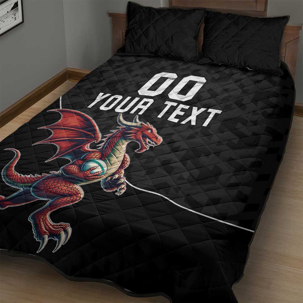 Custom Wales Rugby Quilt Bed Set Welsh Dragon Mascot Black Version - Wonder Print Shop