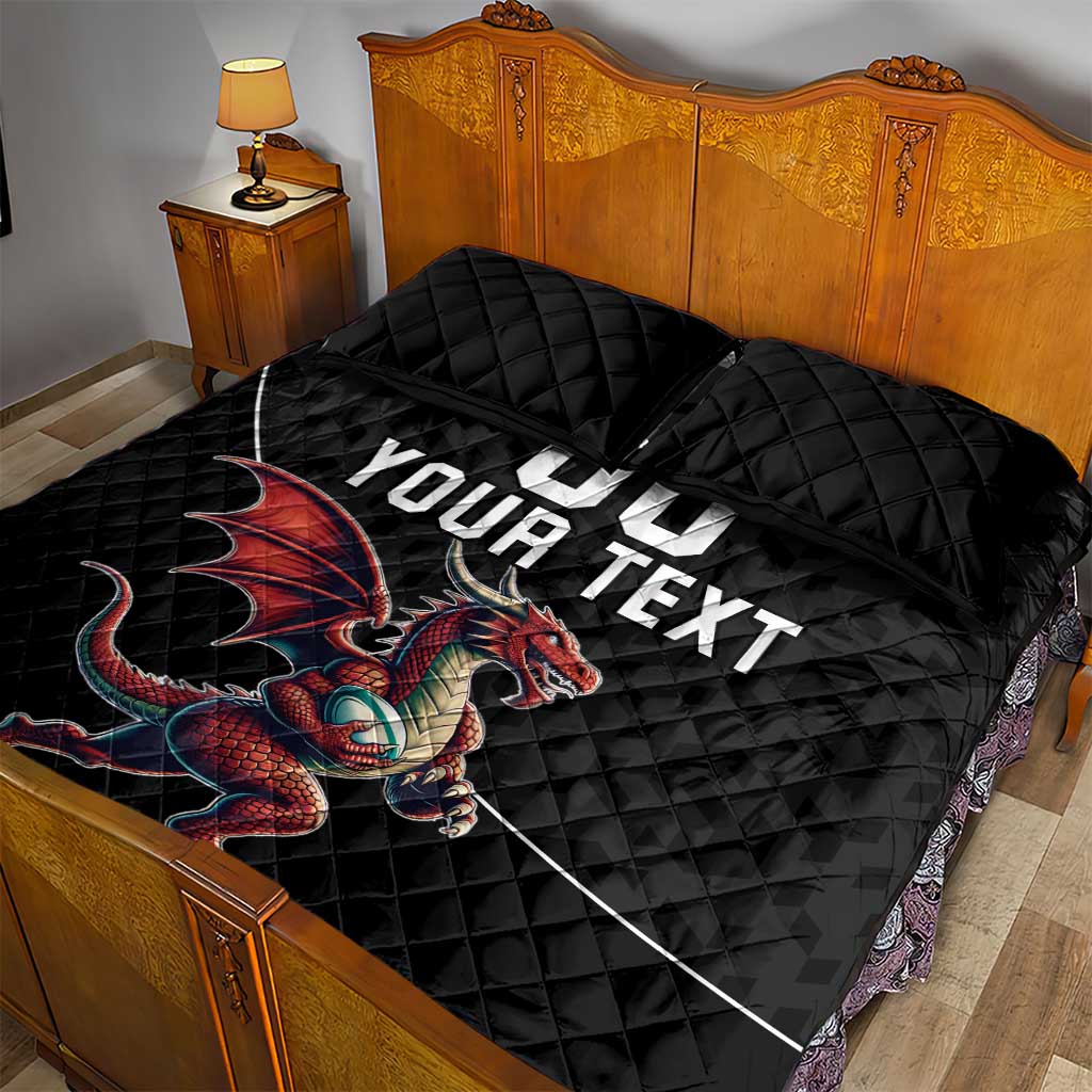 Custom Wales Rugby Quilt Bed Set Welsh Dragon Mascot Black Version - Wonder Print Shop
