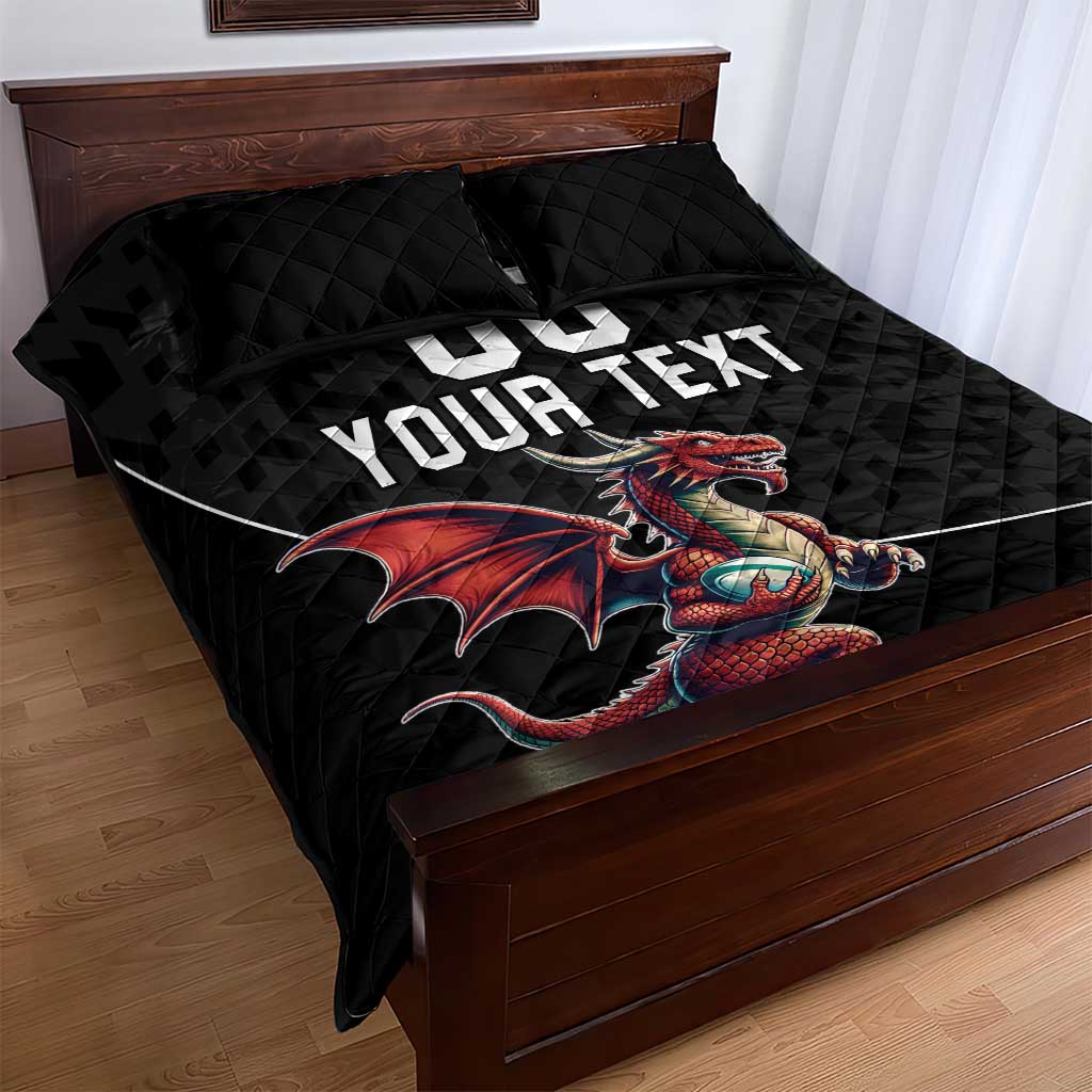 Custom Wales Rugby Quilt Bed Set Welsh Dragon Mascot Black Version - Wonder Print Shop