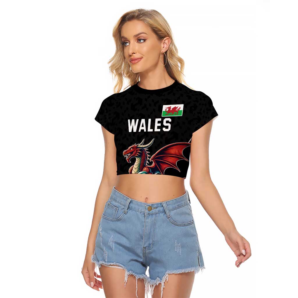 Custom Wales Rugby Raglan Cropped T Shirt Welsh Dragon Mascot Black Version - Wonder Print Shop