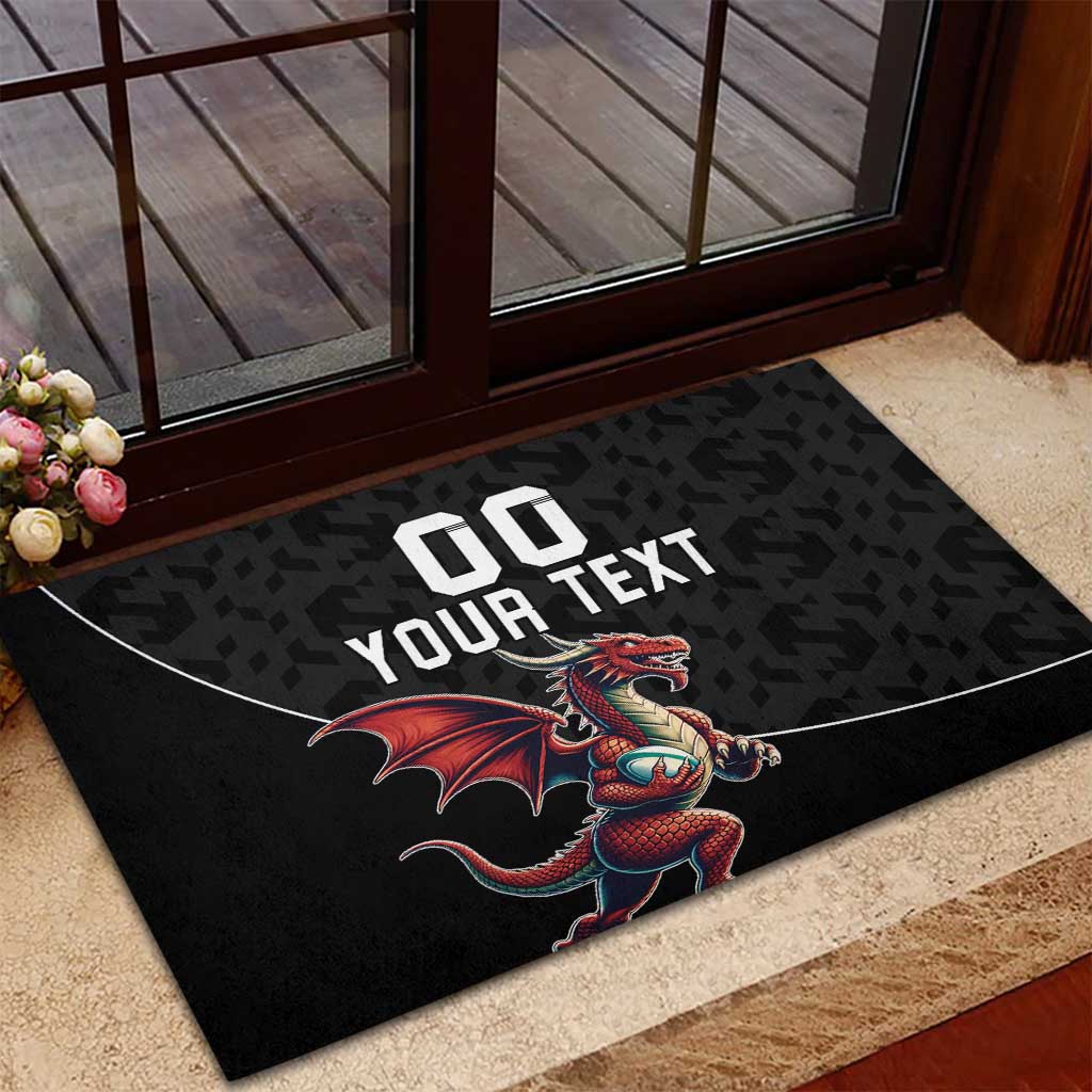 Custom Wales Rugby Rubber Doormat Welsh Dragon Mascot Black Version - Wonder Print Shop
