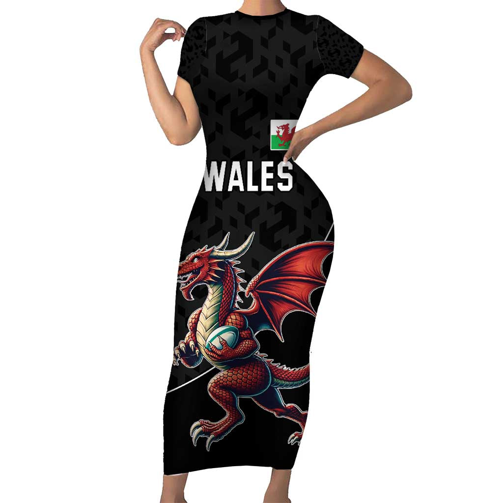 Custom Wales Rugby Short Sleeve Bodycon Dress Welsh Dragon Mascot Black Version - Wonder Print Shop