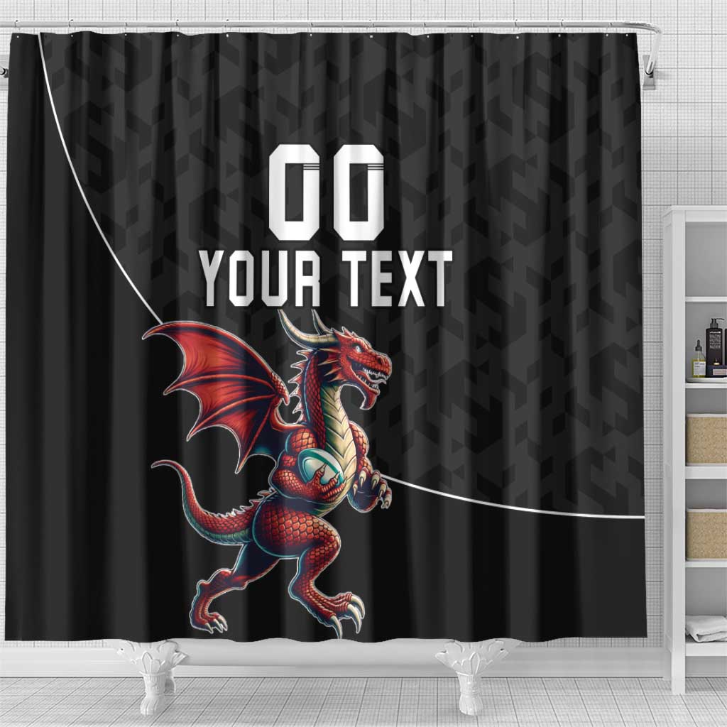 Custom Wales Rugby Shower Curtain Welsh Dragon Mascot Black Version - Wonder Print Shop