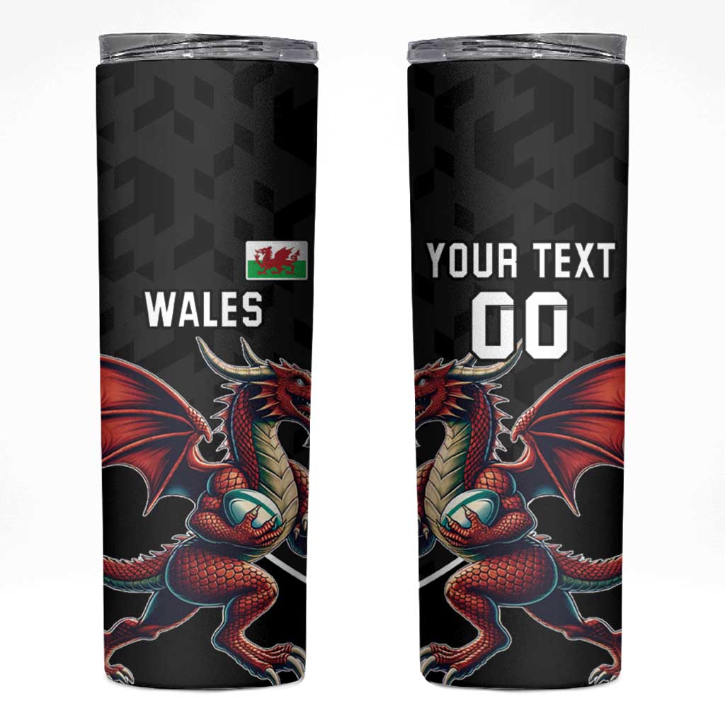Custom Wales Rugby Skinny Tumbler Welsh Dragon Mascot Black Version - Wonder Print Shop
