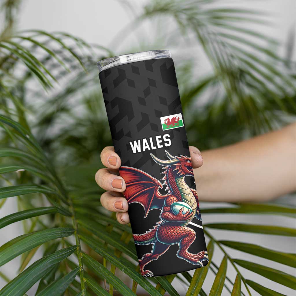 Custom Wales Rugby Skinny Tumbler Welsh Dragon Mascot Black Version - Wonder Print Shop