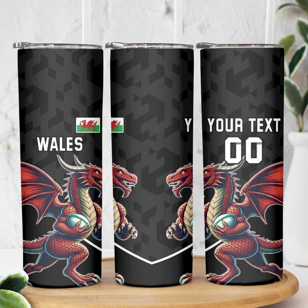 Custom Wales Rugby Skinny Tumbler Welsh Dragon Mascot Black Version - Wonder Print Shop