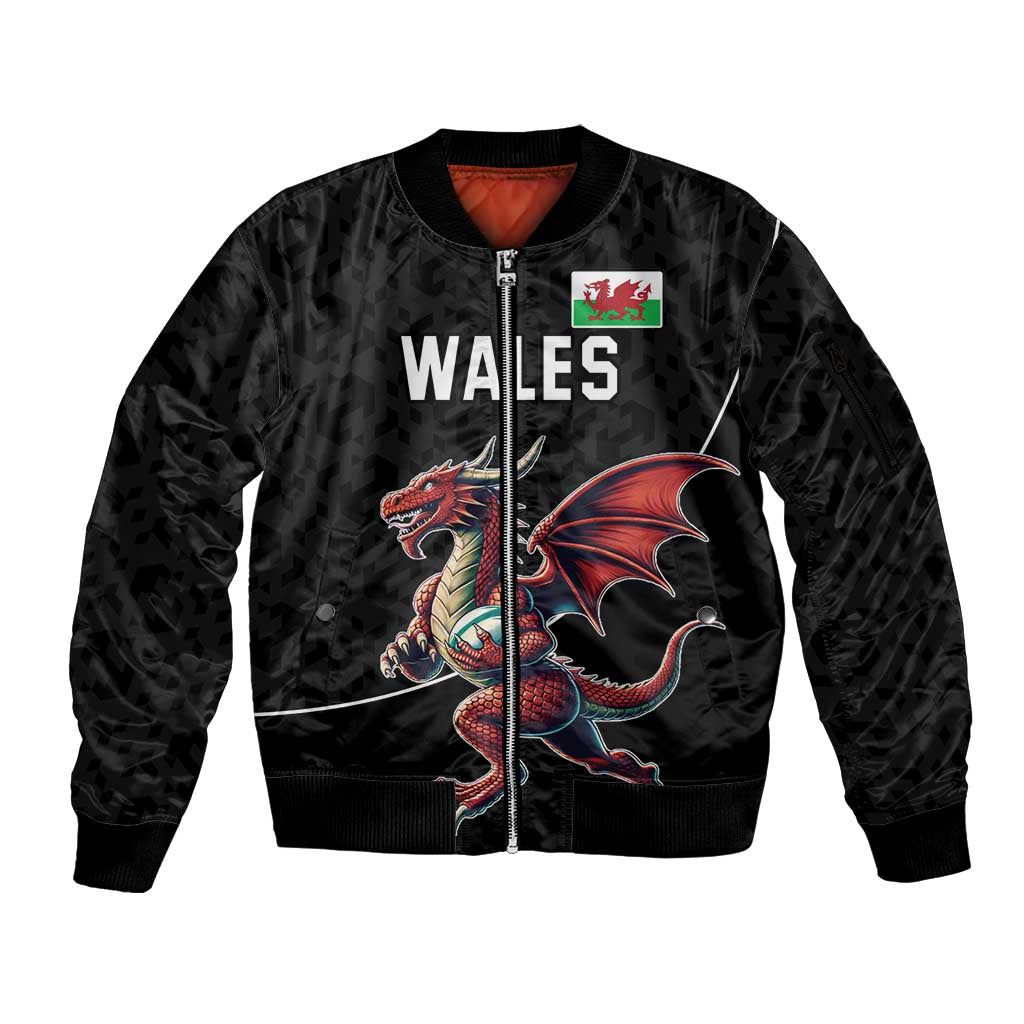 Custom Wales Rugby Sleeve Zip Bomber Jacket Welsh Dragon Mascot Black Version - Wonder Print Shop