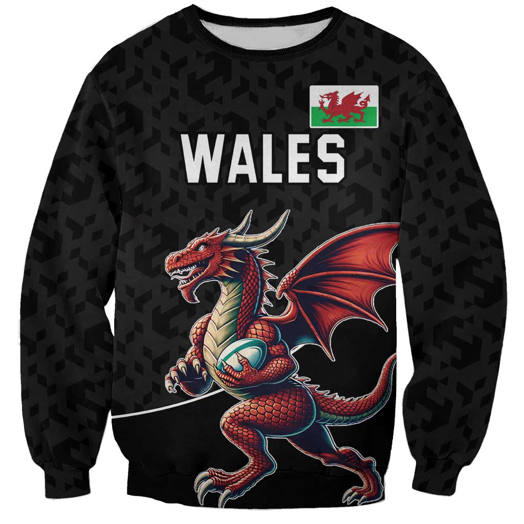 Custom Wales Rugby Sweatshirt Welsh Dragon Mascot Black Version - Wonder Print Shop