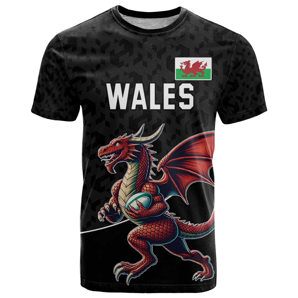 Custom Wales Rugby T Shirt Welsh Dragon Mascot Black Version - Wonder Print Shop