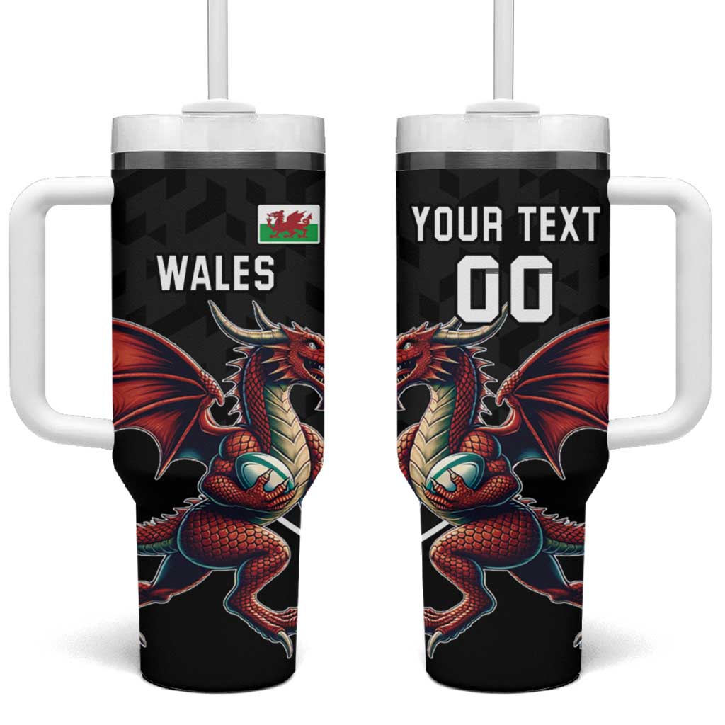 Custom Wales Rugby Tumbler With Handle Welsh Dragon Mascot Black Version - Wonder Print Shop
