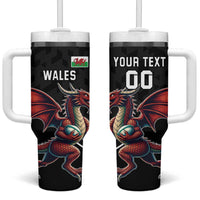 Custom Wales Rugby Tumbler With Handle Welsh Dragon Mascot Black Version - Wonder Print Shop
