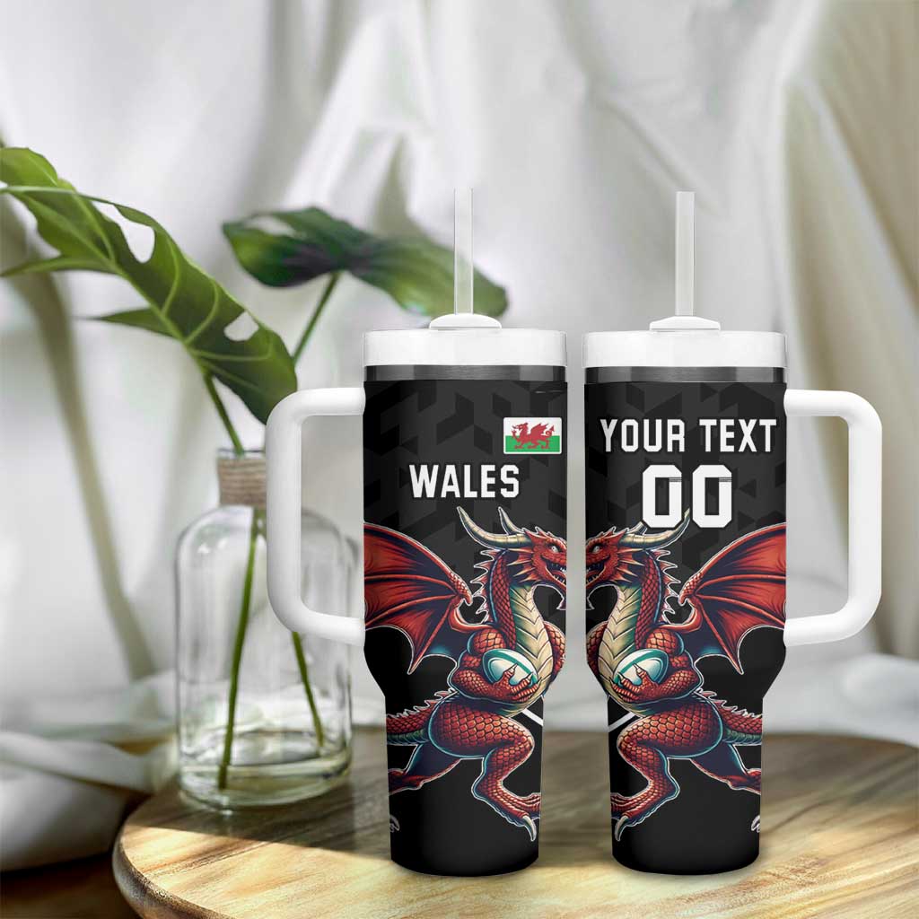 Custom Wales Rugby Tumbler With Handle Welsh Dragon Mascot Black Version - Wonder Print Shop