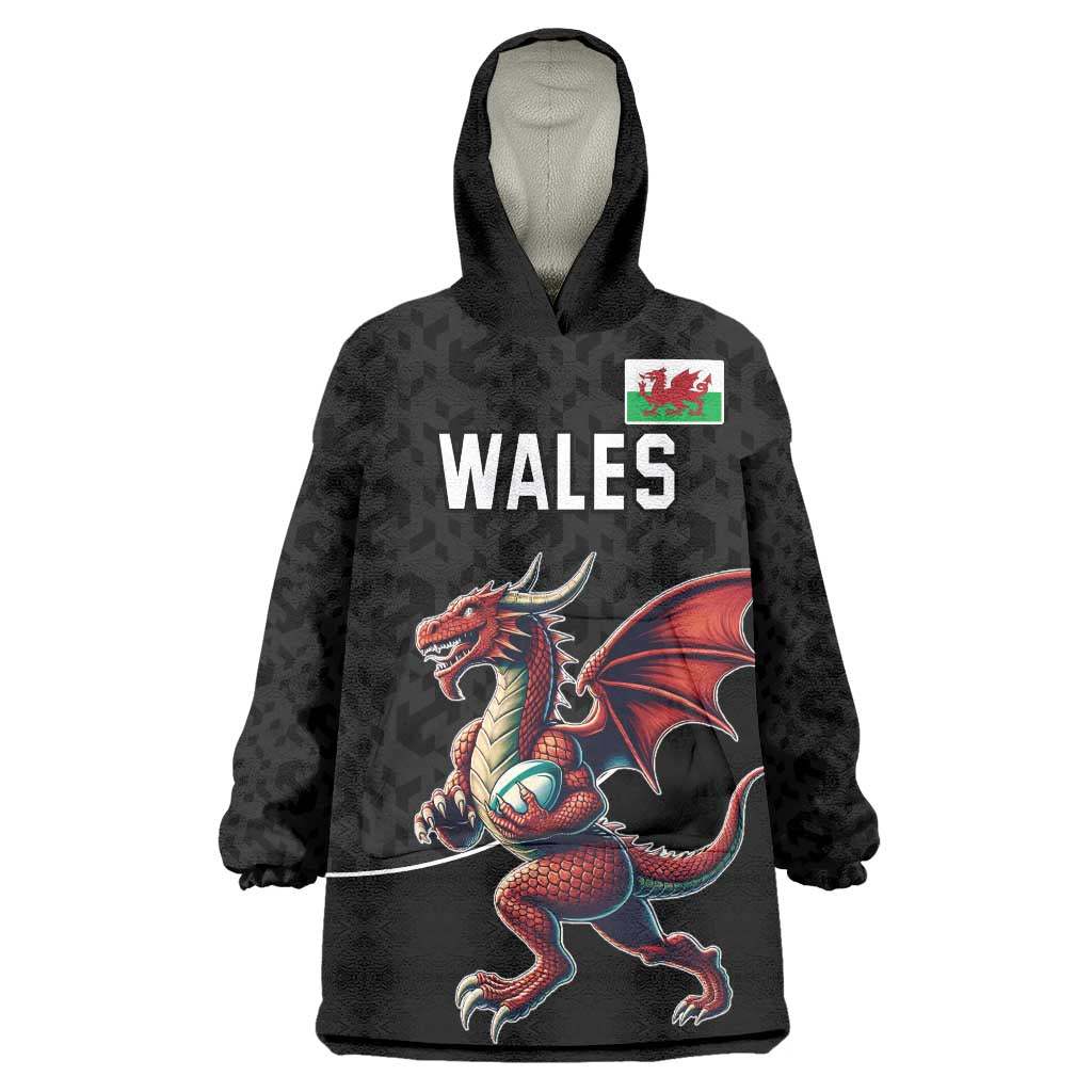Custom Wales Rugby Wearable Blanket Hoodie Welsh Dragon Mascot Black Version - Wonder Print Shop