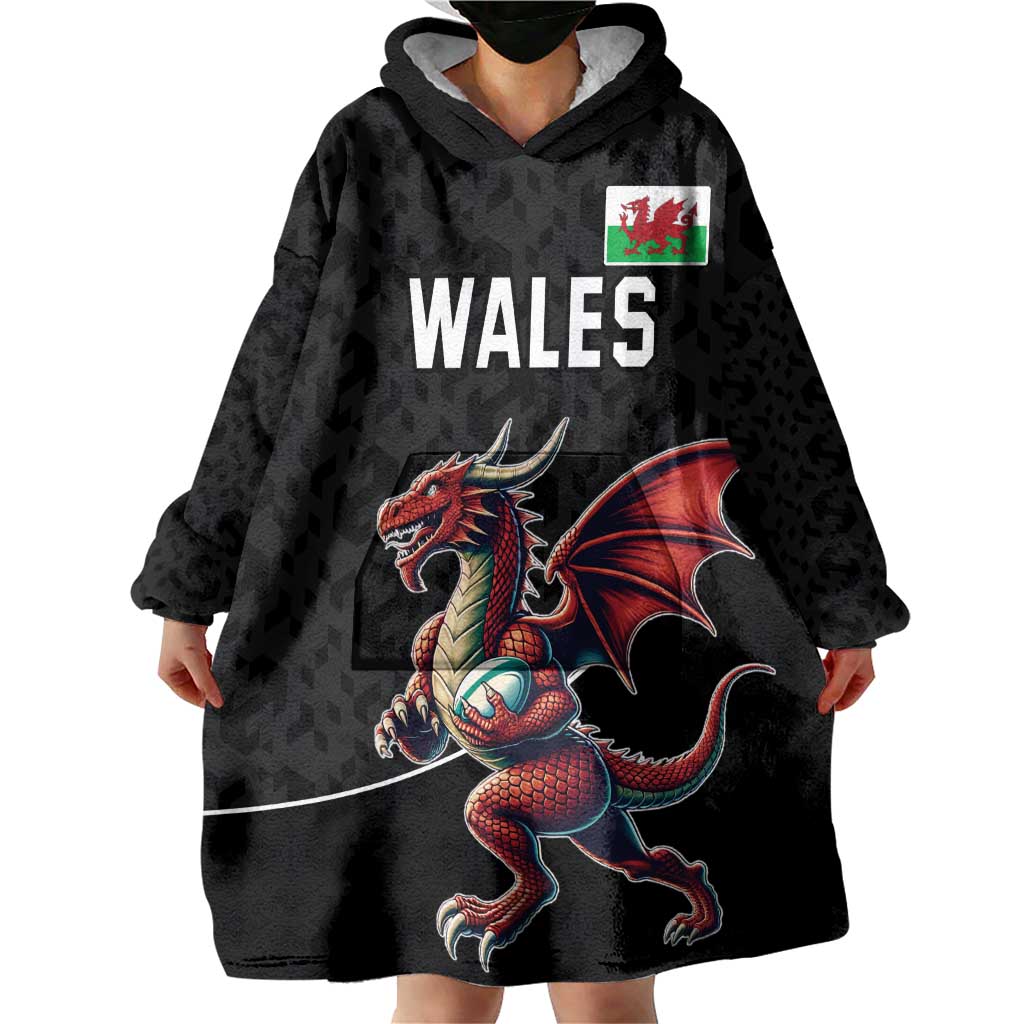 Custom Wales Rugby Wearable Blanket Hoodie Welsh Dragon Mascot Black Version - Wonder Print Shop