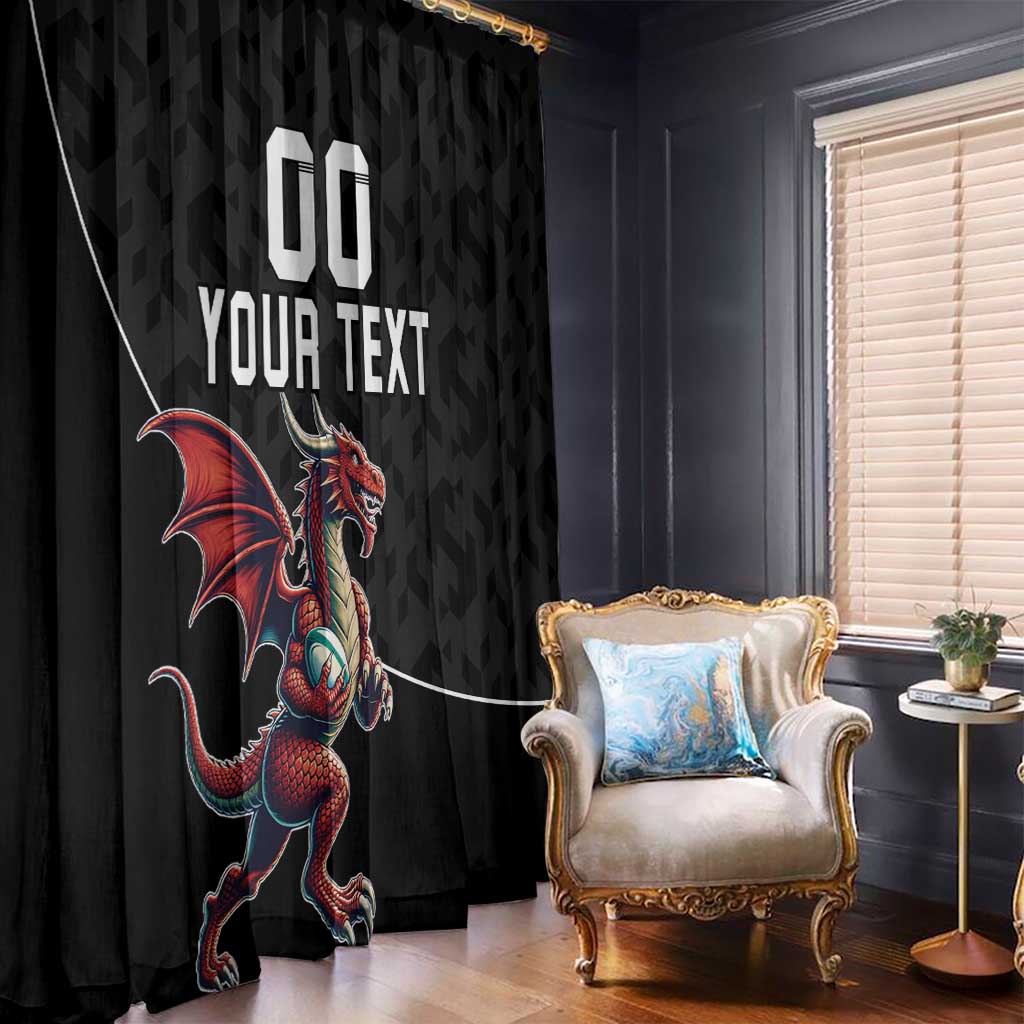 Custom Wales Rugby Window Curtain Welsh Dragon Mascot Black Version - Wonder Print Shop