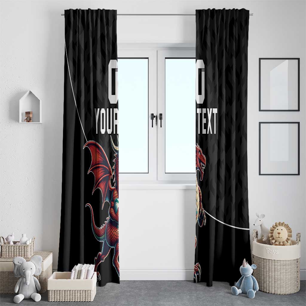 Custom Wales Rugby Window Curtain Welsh Dragon Mascot Black Version - Wonder Print Shop