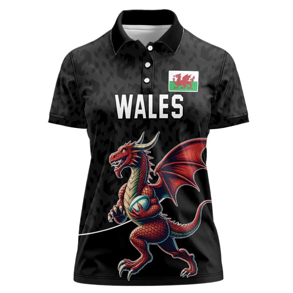 Custom Wales Rugby Women Polo Shirt Welsh Dragon Mascot Black Version - Wonder Print Shop