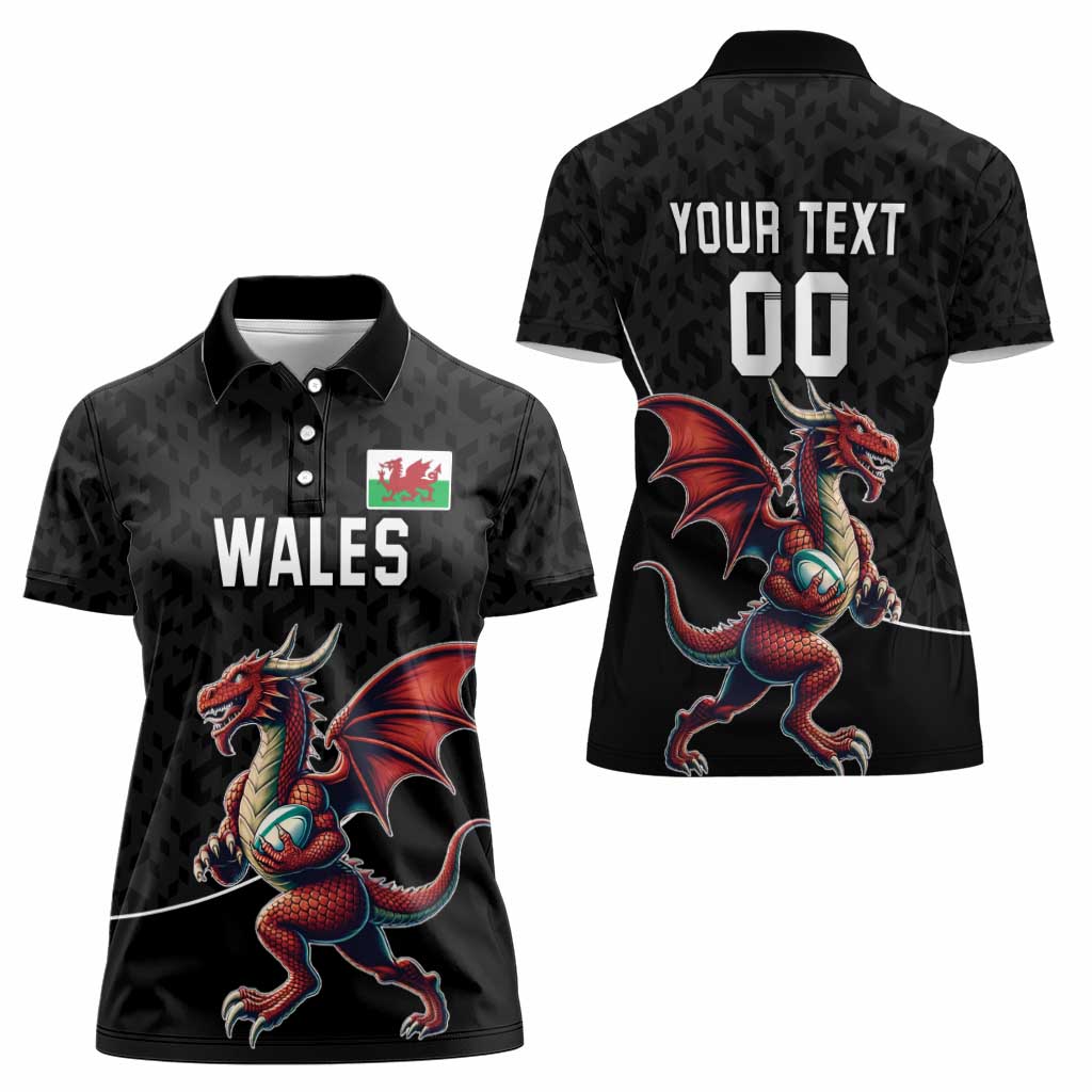 Custom Wales Rugby Women Polo Shirt Welsh Dragon Mascot Black Version - Wonder Print Shop