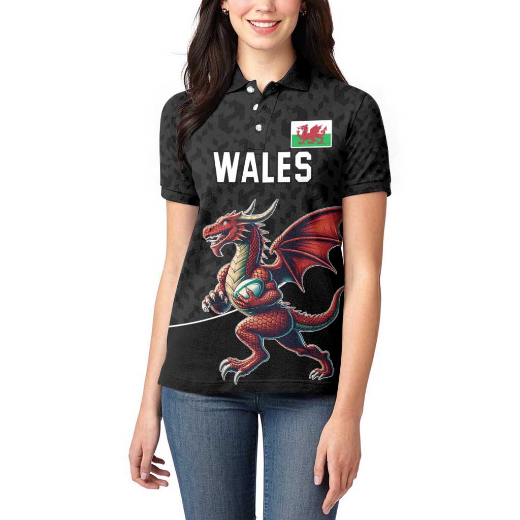 Custom Wales Rugby Women Polo Shirt Welsh Dragon Mascot Black Version - Wonder Print Shop