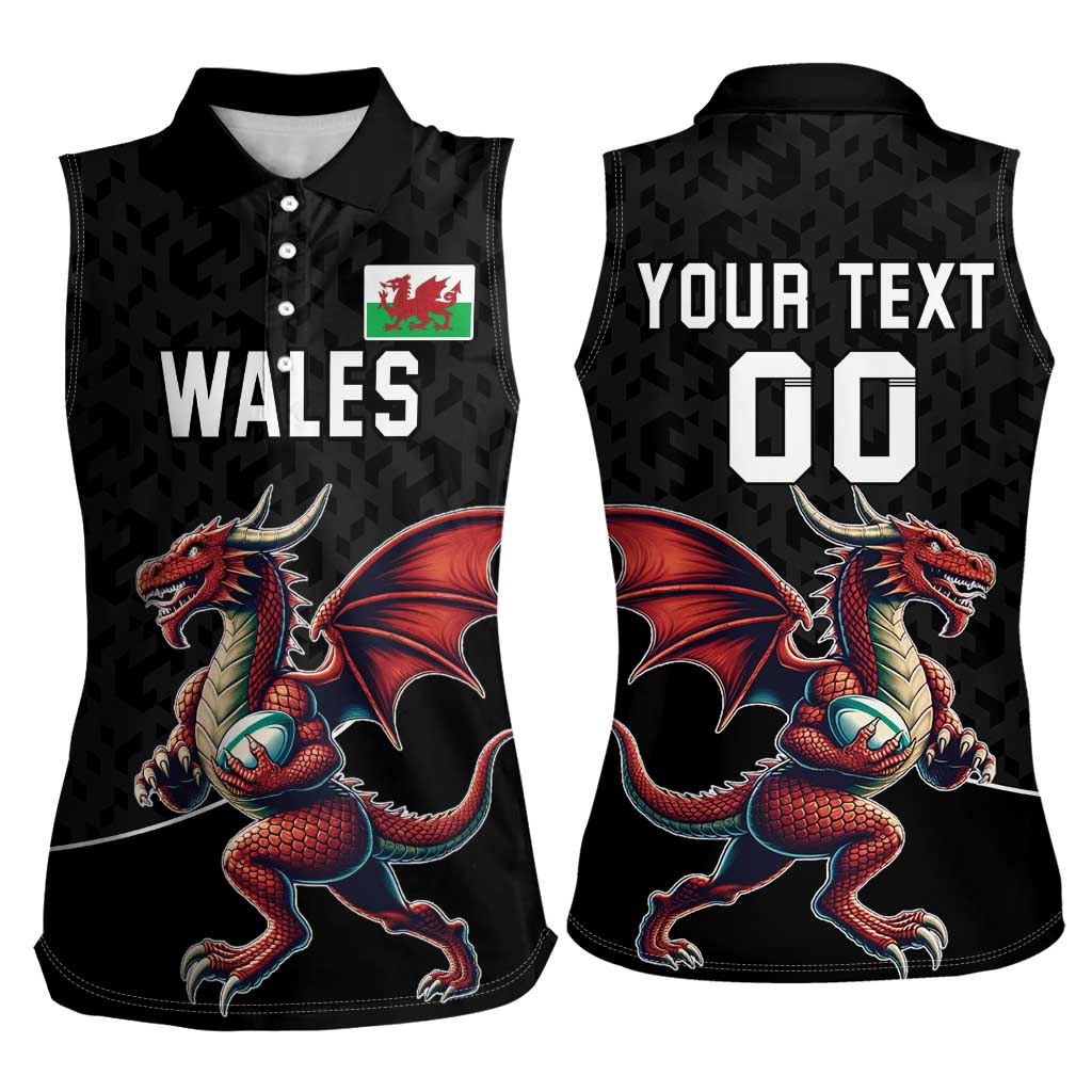 Custom Wales Rugby Women Sleeveless Polo Shirt Welsh Dragon Mascot Black Version - Wonder Print Shop