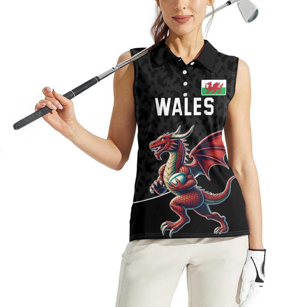 Custom Wales Rugby Women Sleeveless Polo Shirt Welsh Dragon Mascot Black Version - Wonder Print Shop