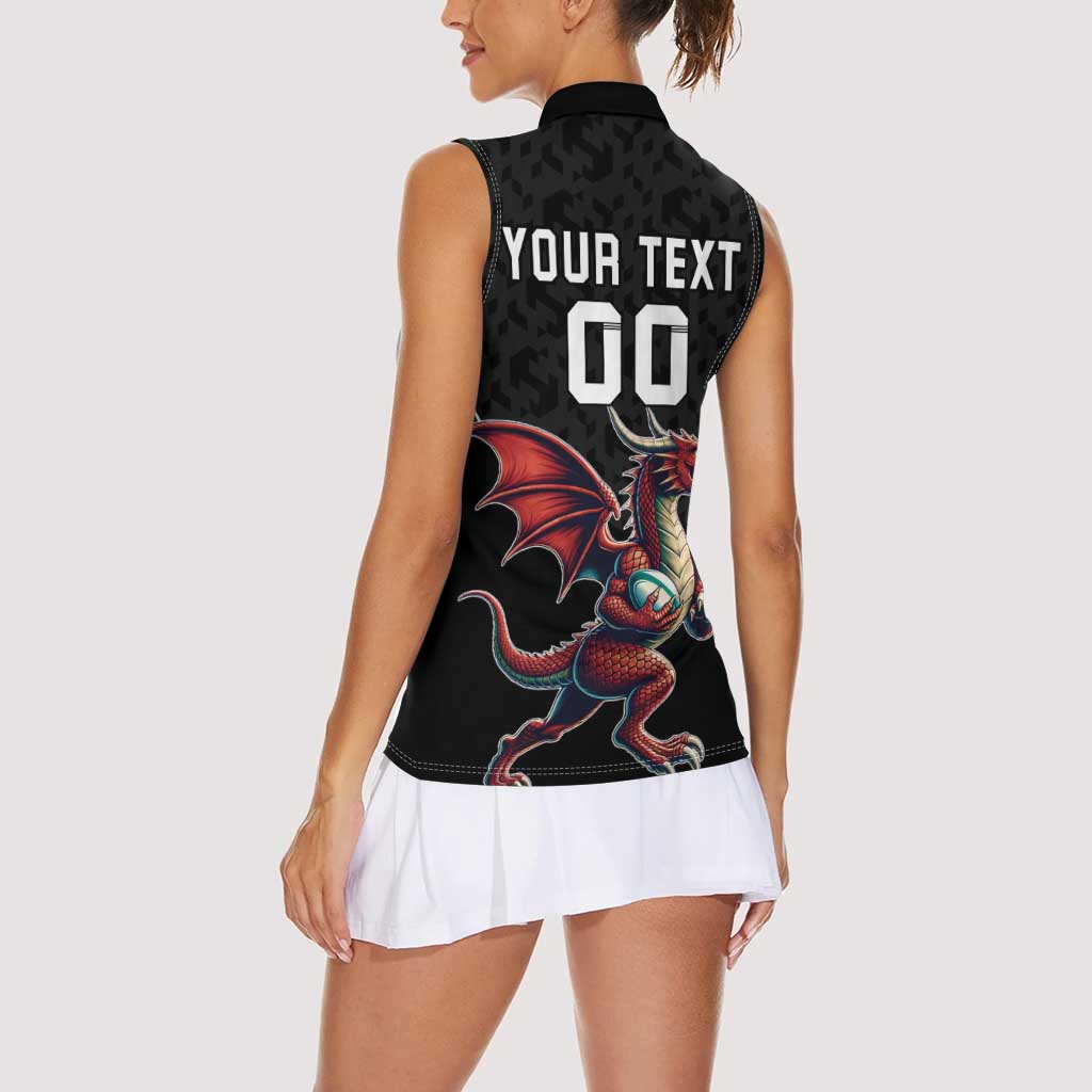 Custom Wales Rugby Women Sleeveless Polo Shirt Welsh Dragon Mascot Black Version - Wonder Print Shop