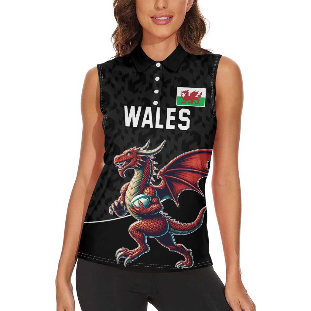 Custom Wales Rugby Women Sleeveless Polo Shirt Welsh Dragon Mascot Black Version - Wonder Print Shop