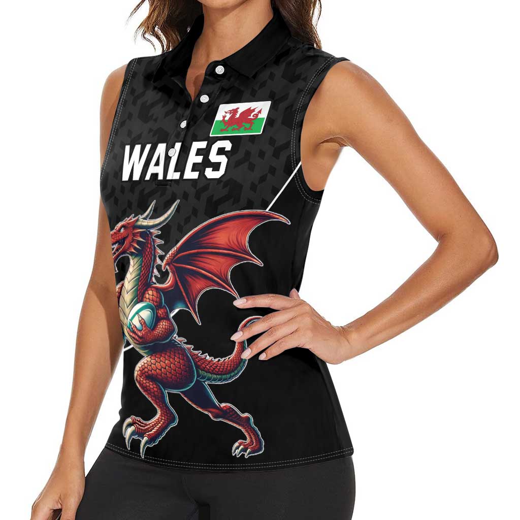 Custom Wales Rugby Women Sleeveless Polo Shirt Welsh Dragon Mascot Black Version - Wonder Print Shop