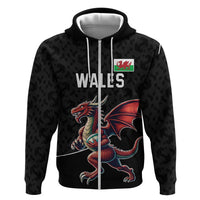 Custom Wales Rugby Zip Hoodie Welsh Dragon Mascot Black Version - Wonder Print Shop