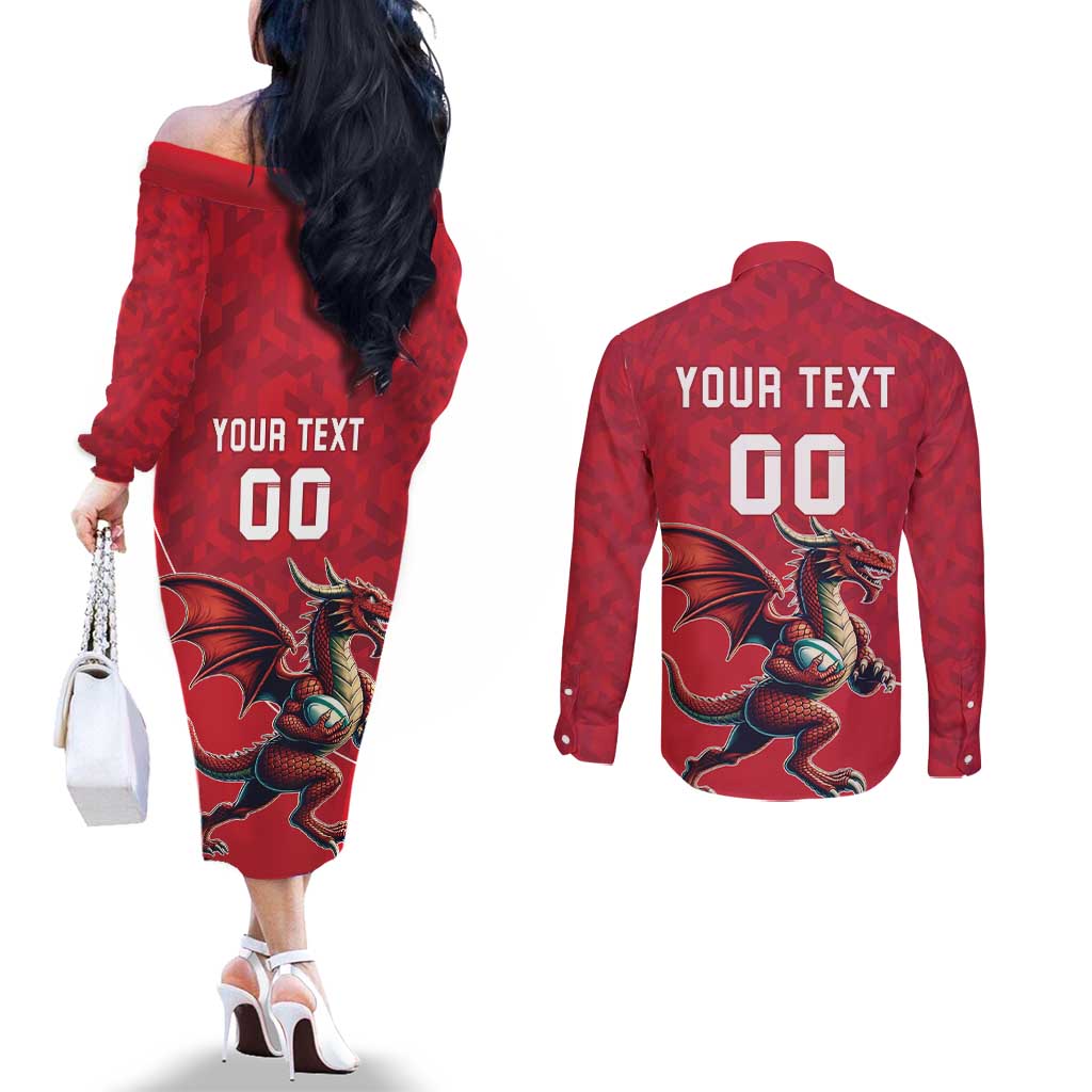 Custom Wales Rugby Couples Matching Off The Shoulder Long Sleeve Dress and Long Sleeve Button Shirt Welsh Dragon Mascot Red Version