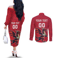 Custom Wales Rugby Couples Matching Off The Shoulder Long Sleeve Dress and Long Sleeve Button Shirt Welsh Dragon Mascot Red Version