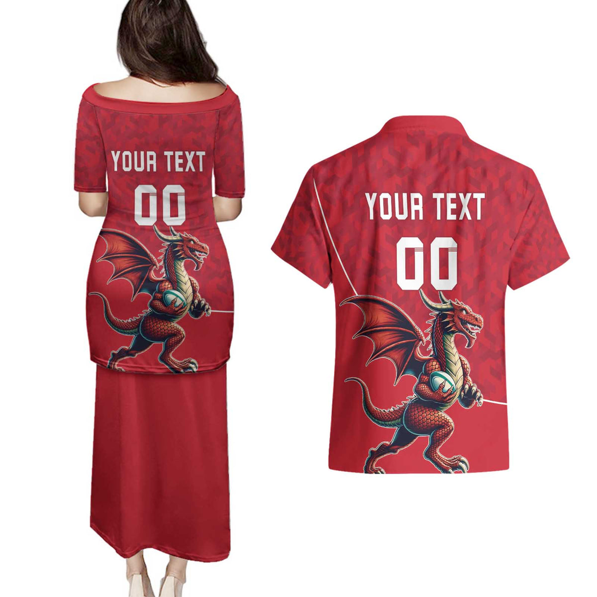 Custom Wales Rugby Couples Matching Puletasi and Hawaiian Shirt Welsh Dragon Mascot Red Version