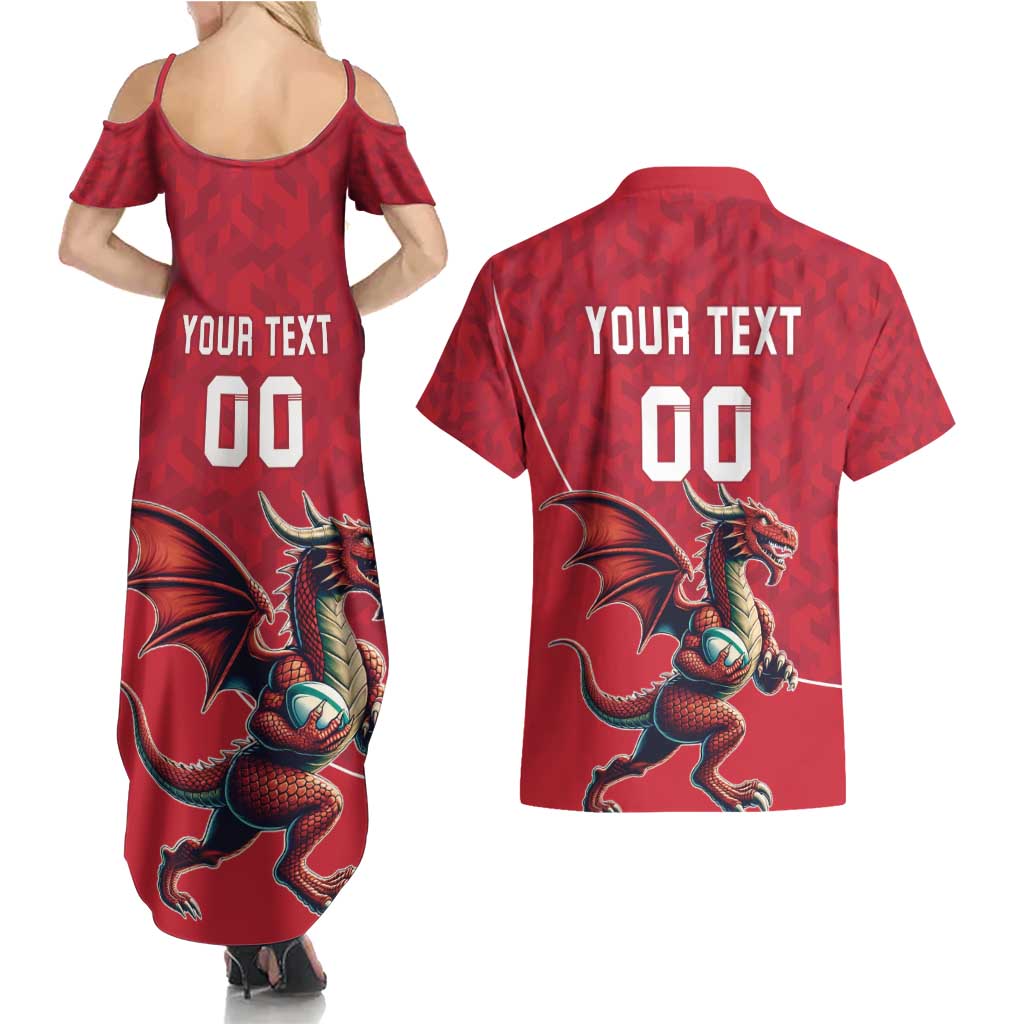 Custom Wales Rugby Couples Matching Summer Maxi Dress and Hawaiian Shirt Welsh Dragon Mascot Red Version
