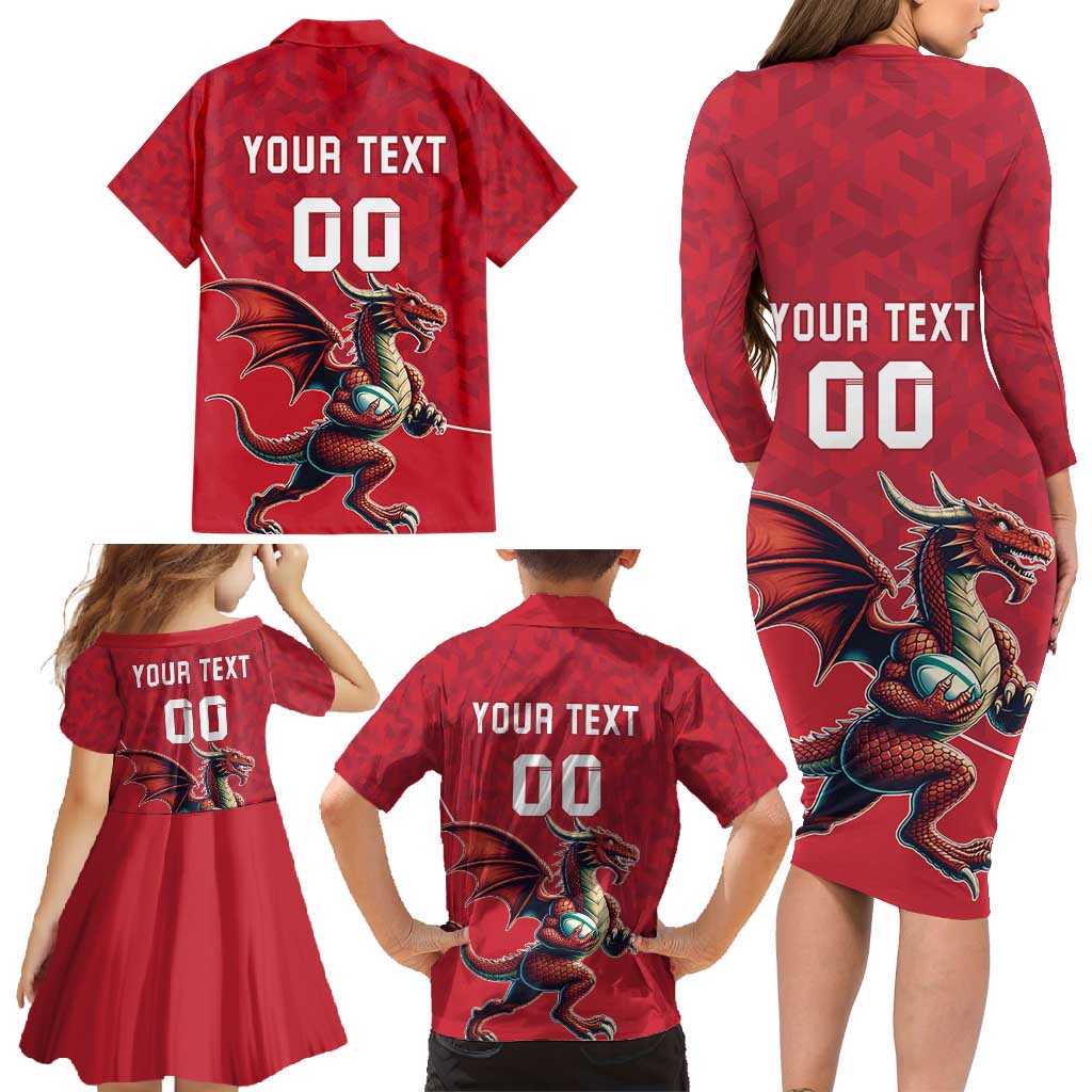 Custom Wales Rugby Family Matching Long Sleeve Bodycon Dress and Hawaiian Shirt Welsh Dragon Mascot Red Version - Wonder Print Shop
