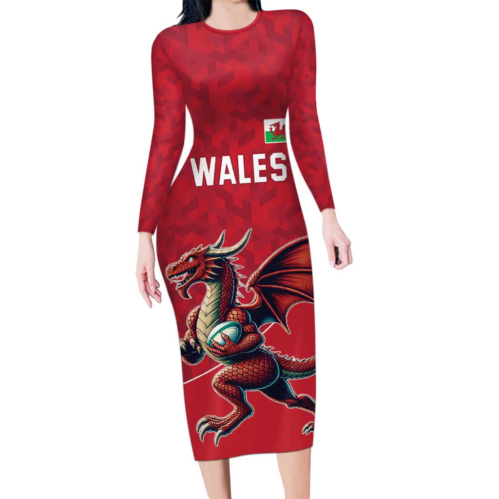 Custom Wales Rugby Family Matching Long Sleeve Bodycon Dress and Hawaiian Shirt Welsh Dragon Mascot Red Version - Wonder Print Shop